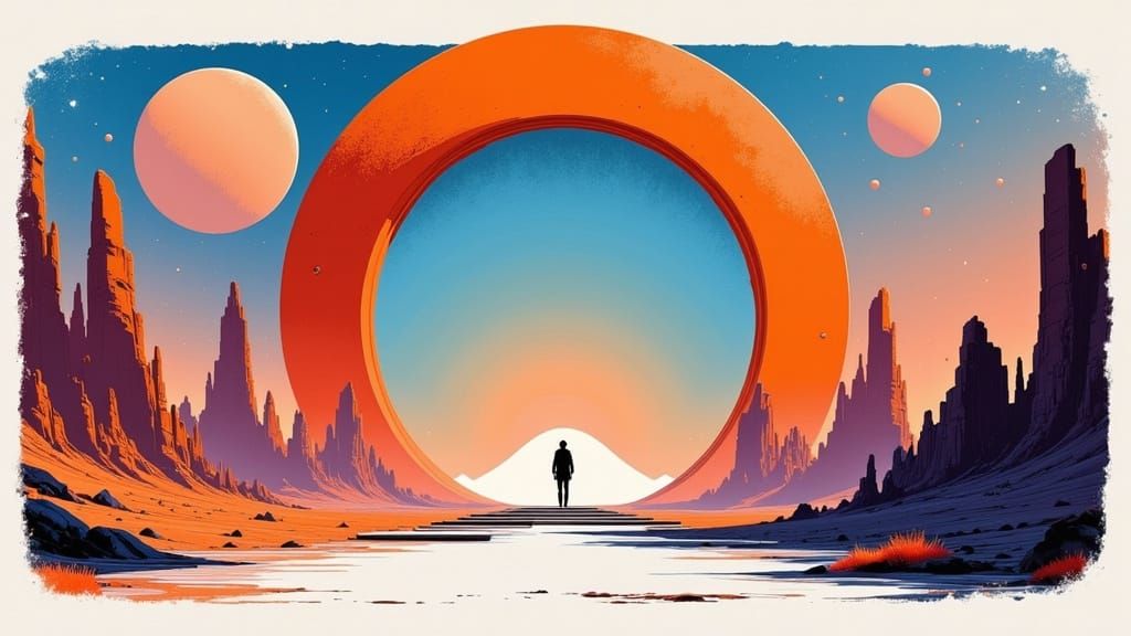 Whimsical Watercolor Portal in a Deserted Wasteland