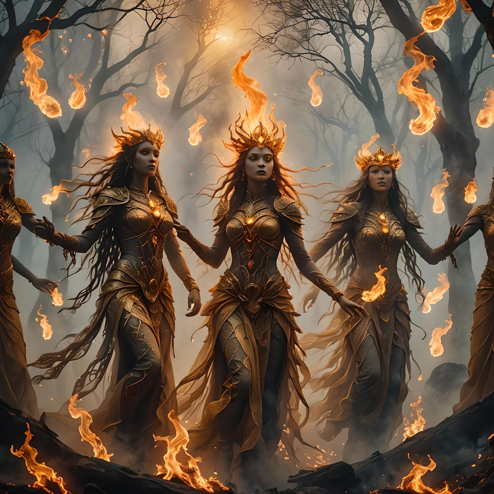 Ethereal Fire Elementals in a Misty Landscape