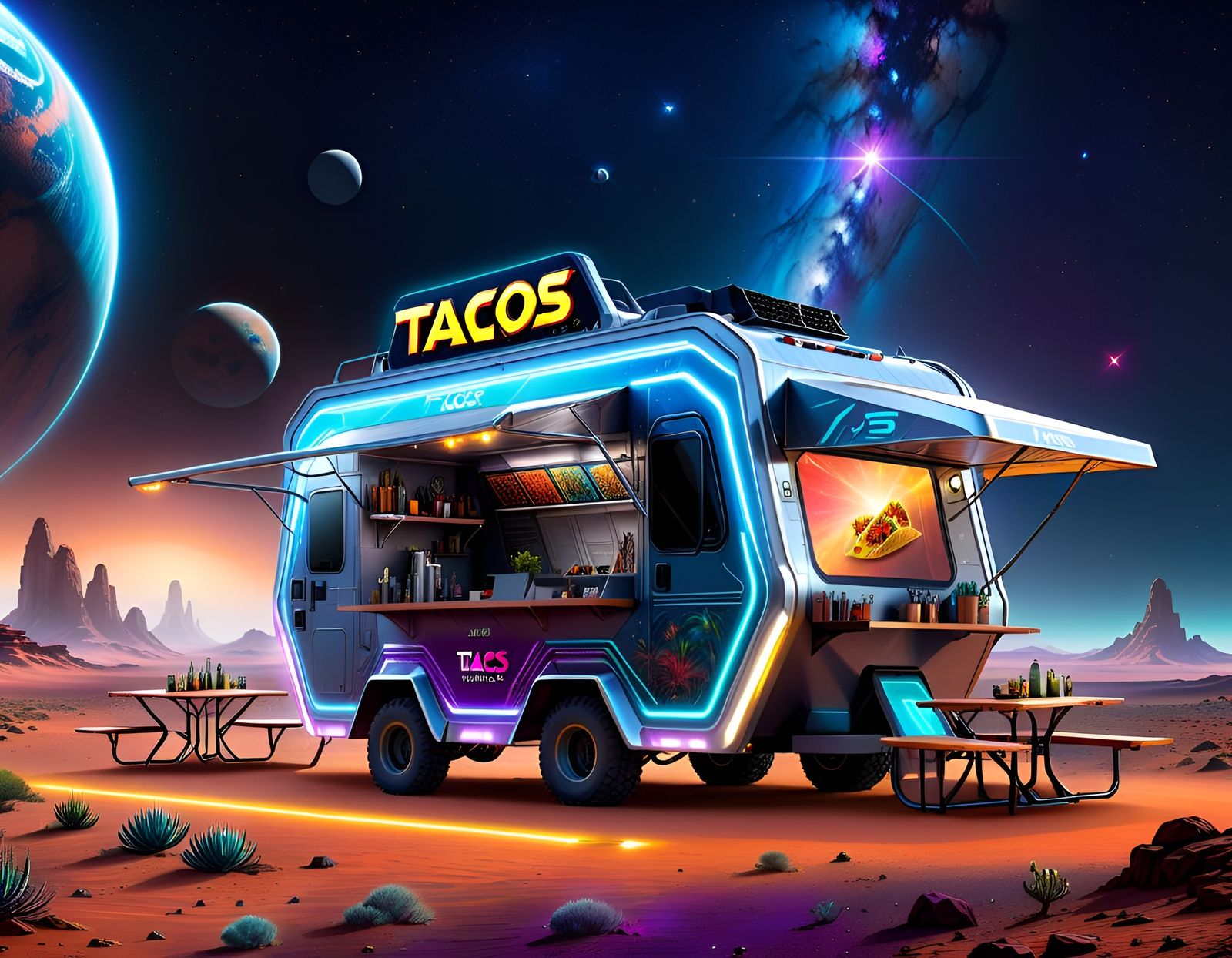 Taco Truck on Mars in Cyberpunk Style