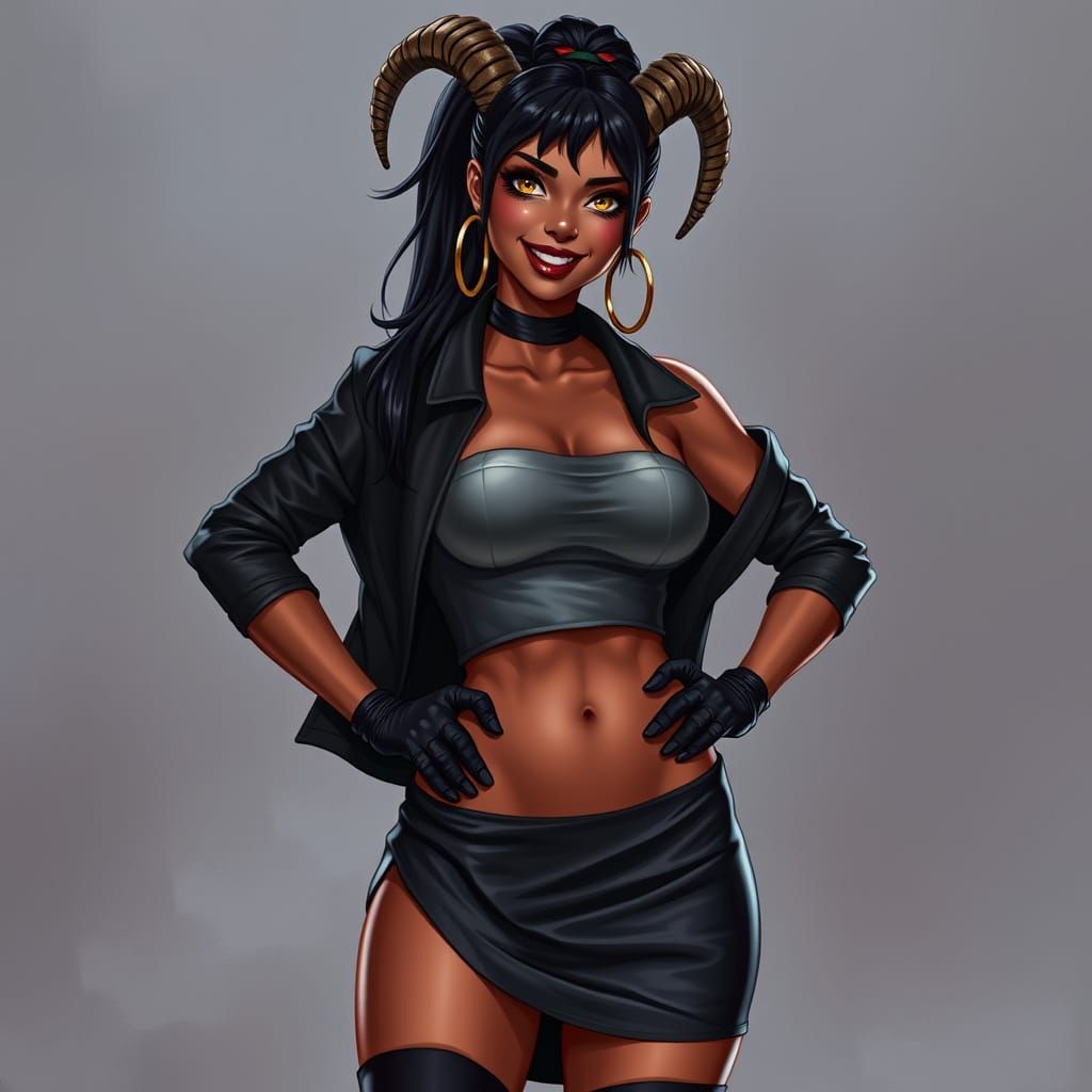 Attractive Red-Skinned Woman with Horns, in Photorealistic S...