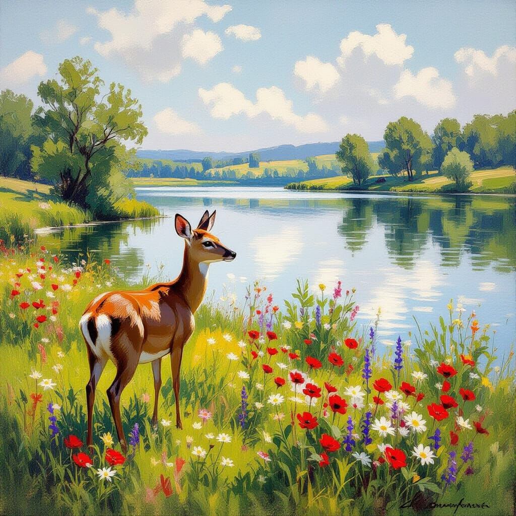 Serene Deer Gazing at Lake, Impressionist Style