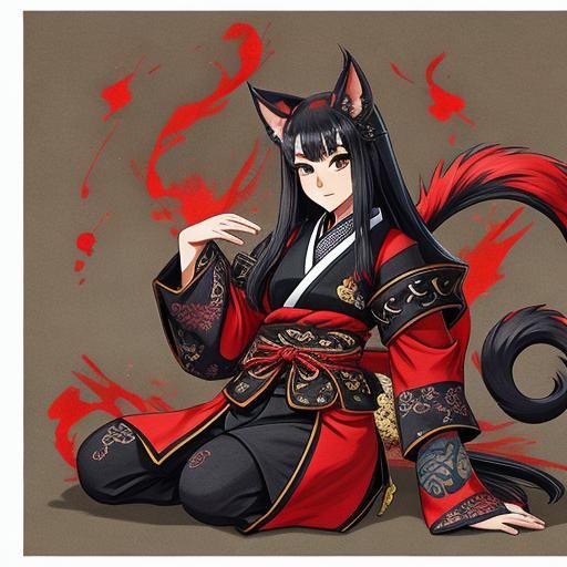 Three-Tailed Female Kitsune Illustration