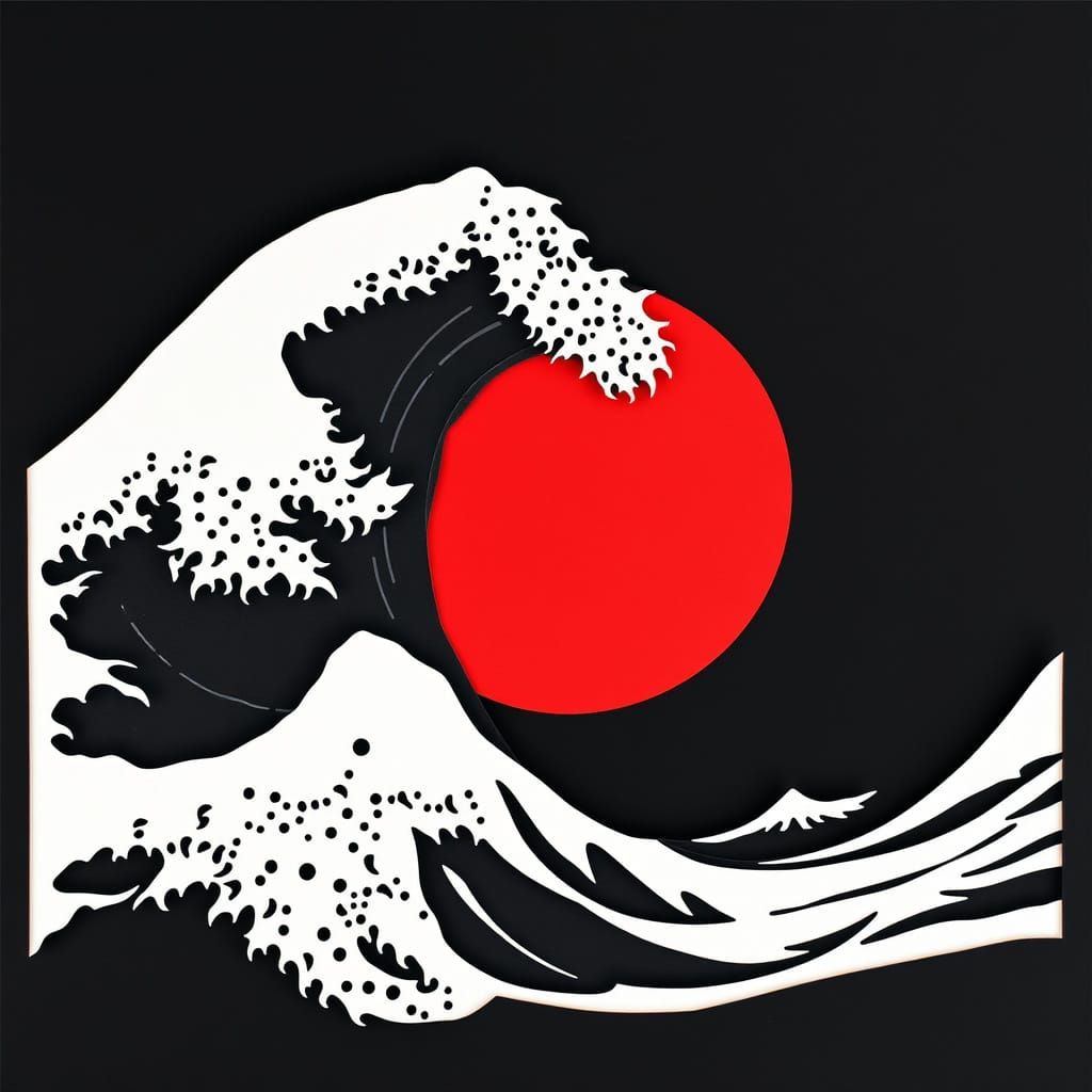 Surreal Wave Motif in Japanese Style with Red Circle