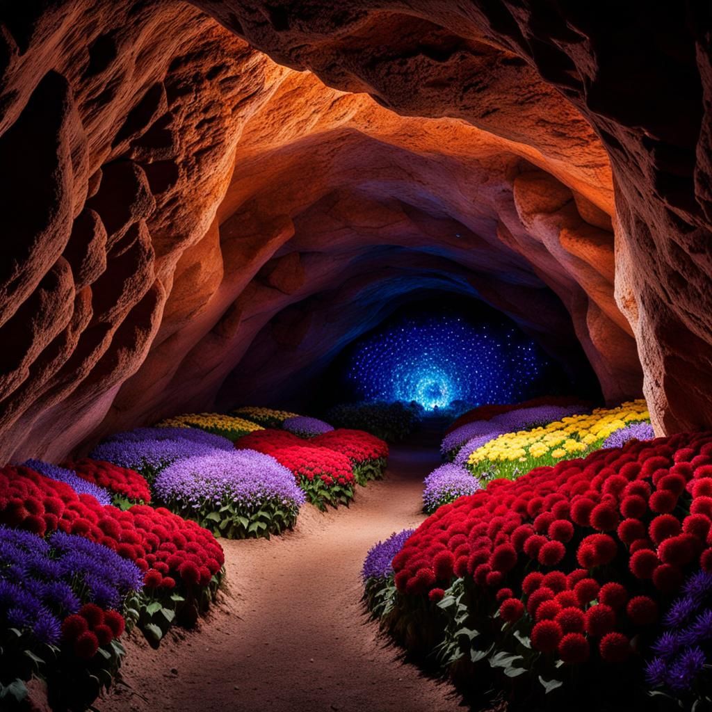 Glowing Gem Cave with Dahlia and Allium Flowers