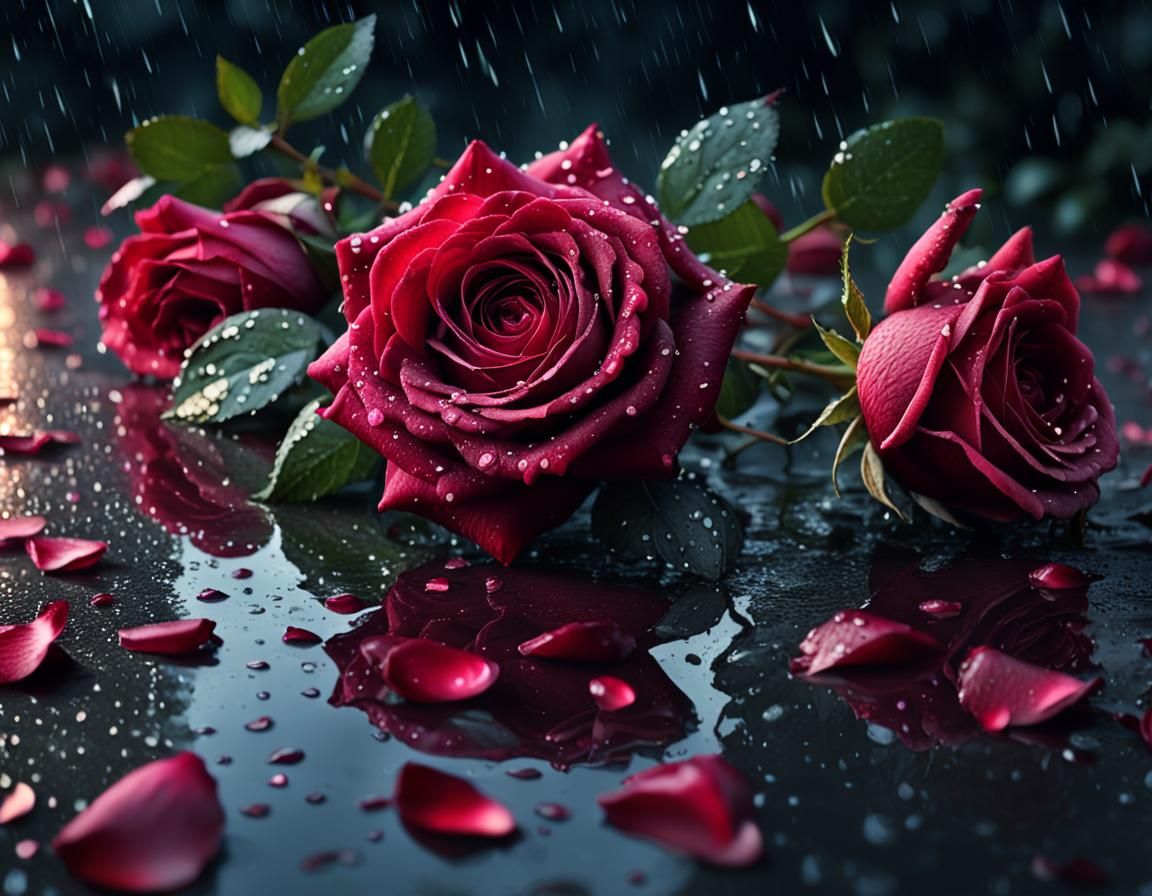 Burgundy Roses in Rain at Night