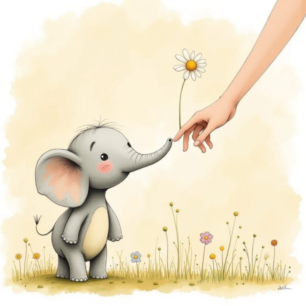 Whimsical Hand and Elephant in a Dreamy Landscape