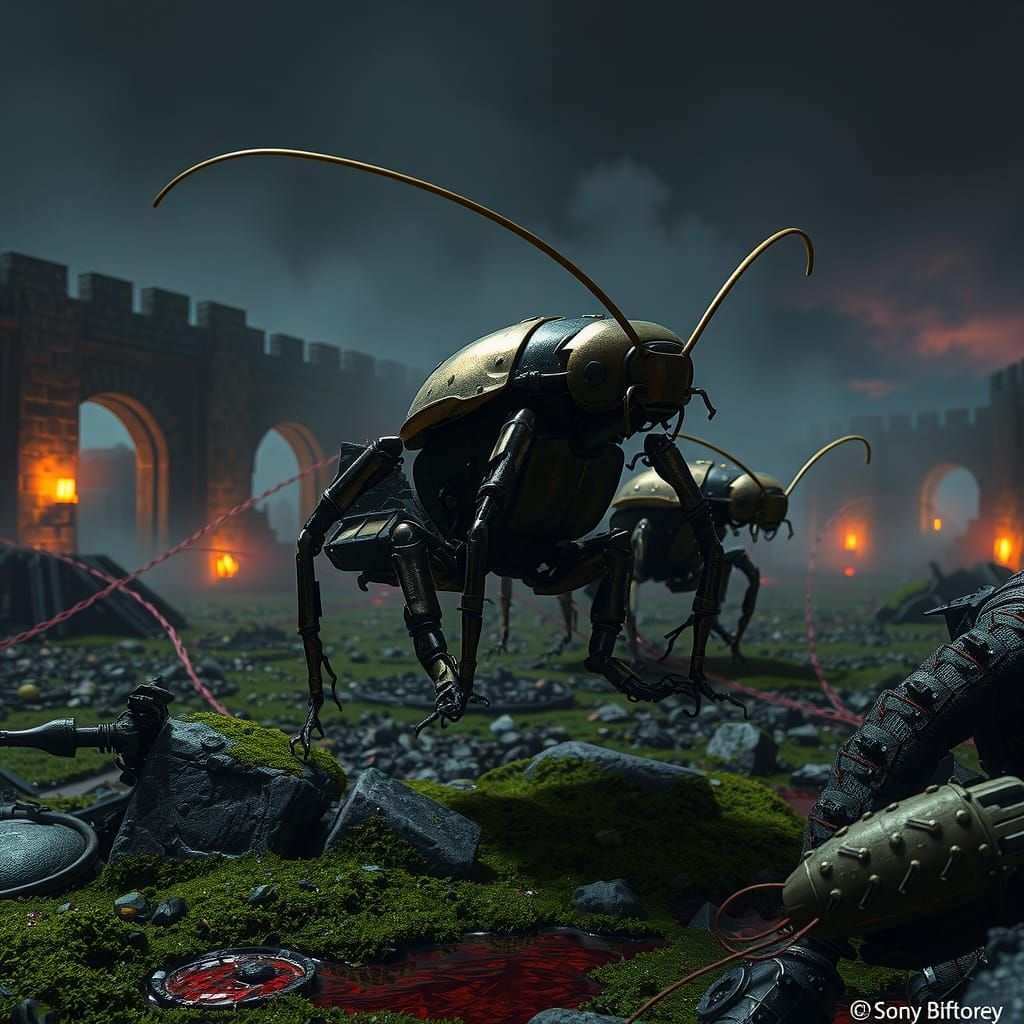 Cyborg Cockroaches March Through Medieval Ruins