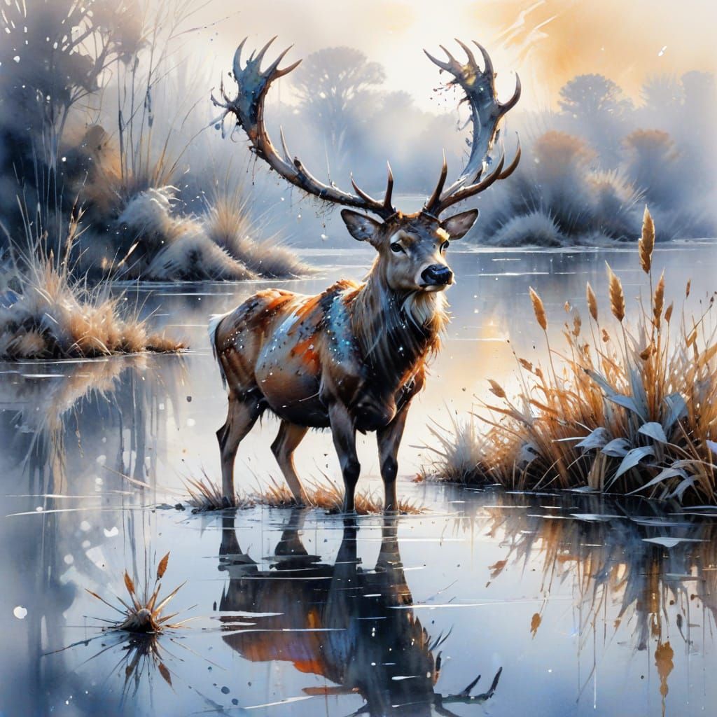 Regal Stag on Frosted Lake: Watercolor Painting