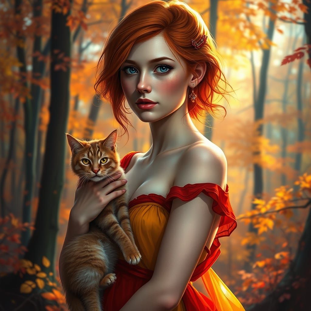 Ginger Woman in Autumn Forest with Cat in Splash Art Style