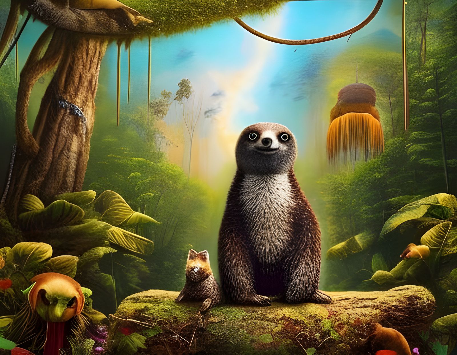 Psychedelic Sloth at Woodstock: A Vintage Hippie Party