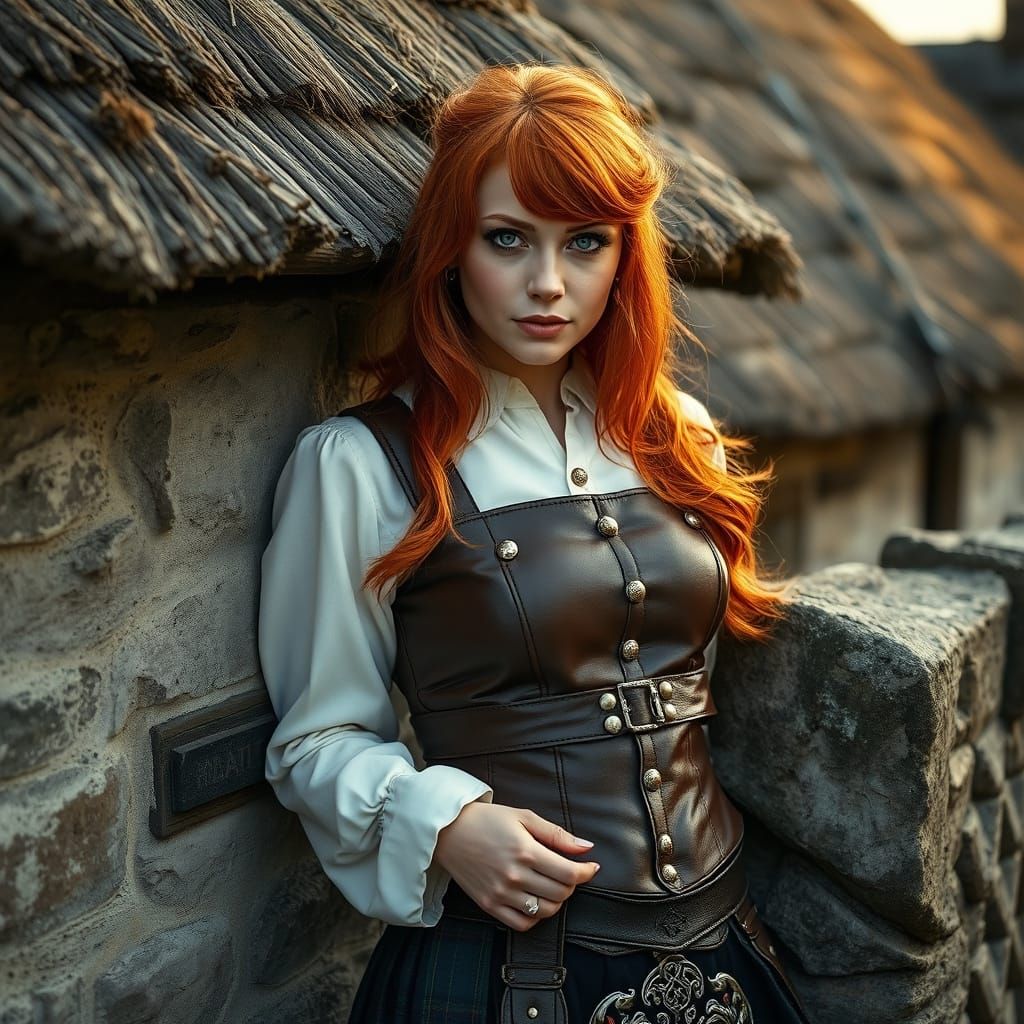Irish Woman in Kilt Leaning Against Stone Wall
