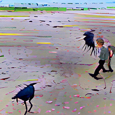 Boy and Man Walking Under Birds