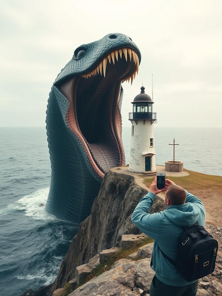 Sea Serpent Attacks Lighthouse on Scenic Cliff