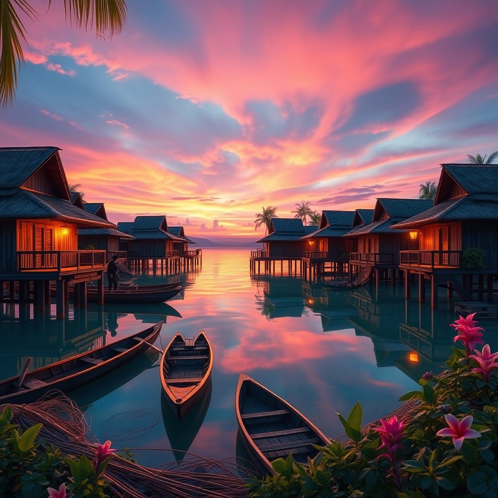 Lagoon Village Sunset in Hyperrealistic Style