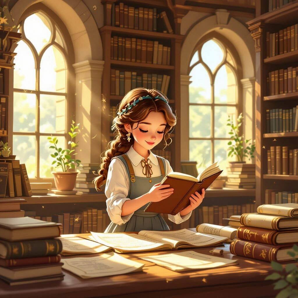 Whimsical Clerk Girl Organizing Scrolls in Sunlit Ancient Li...