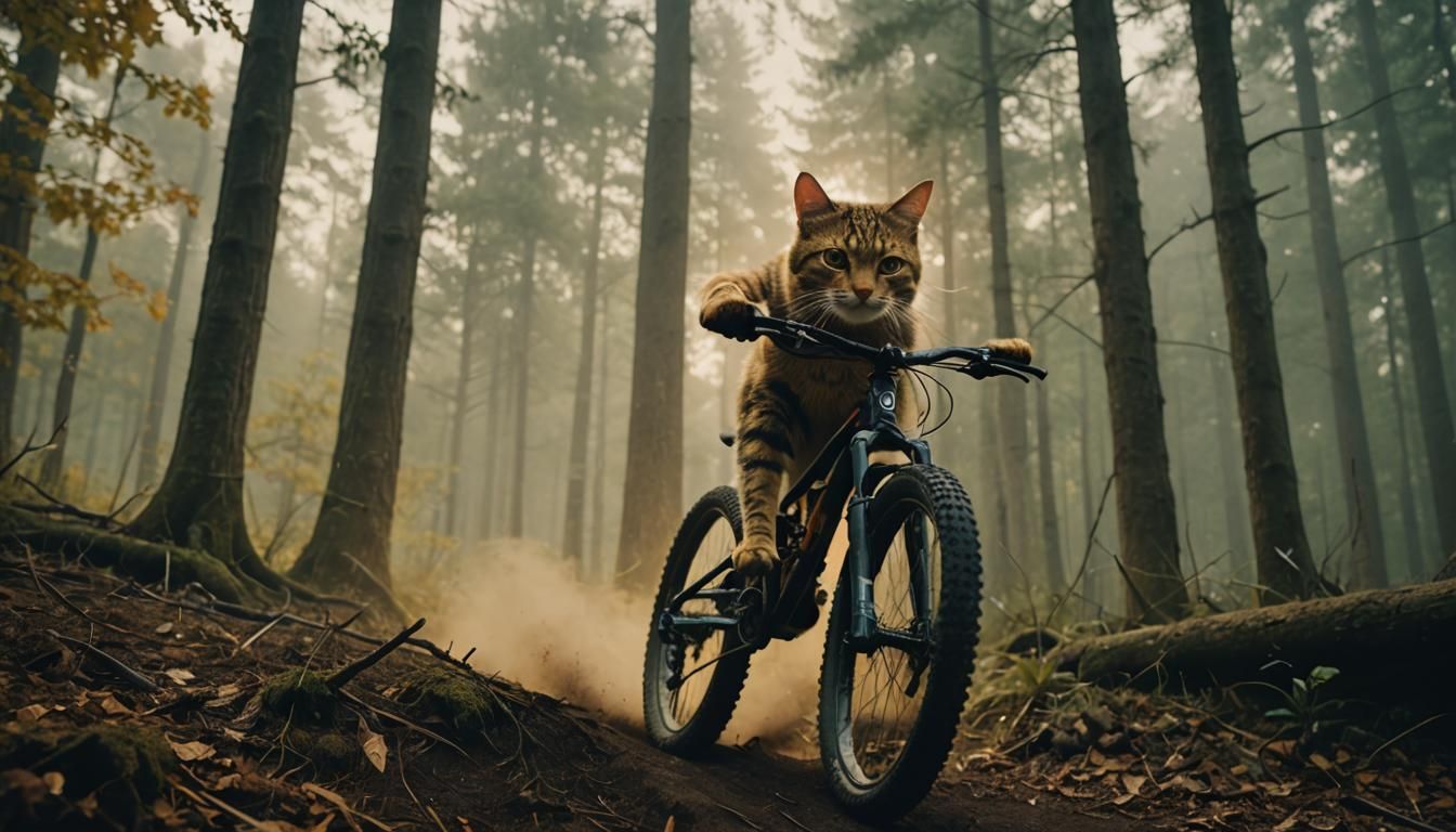 Cat on Mountain Bike Downhill in Cinematic Style