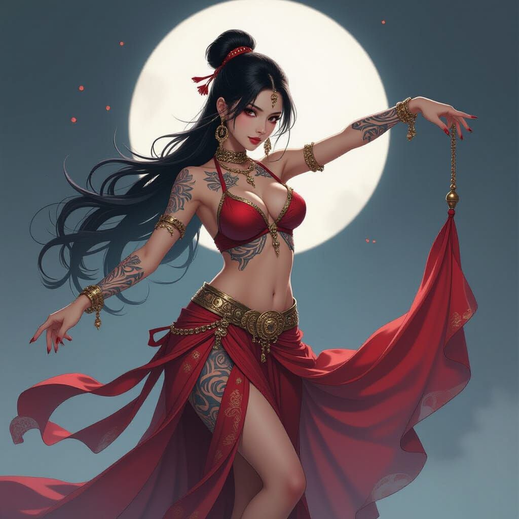 Korean Belly Dancer with Tattoos in Film Noir Style