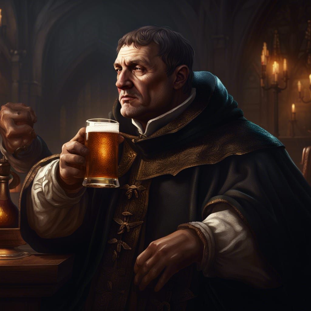 Martin Luther enjoying beer in dark fantasy art