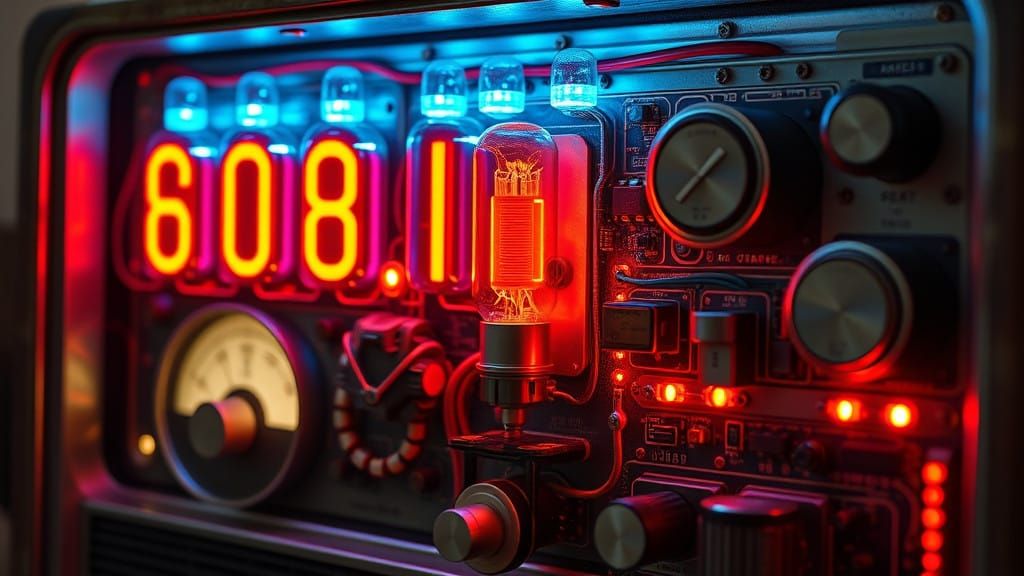 Retro-Futuristic Radio Assemblage with Glowing Nixie Tubes