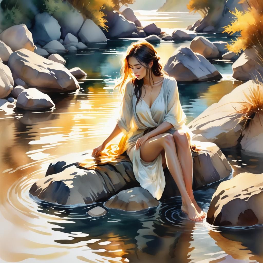 Woman Dipping Feet: Watercolor-Inspired Digital Art