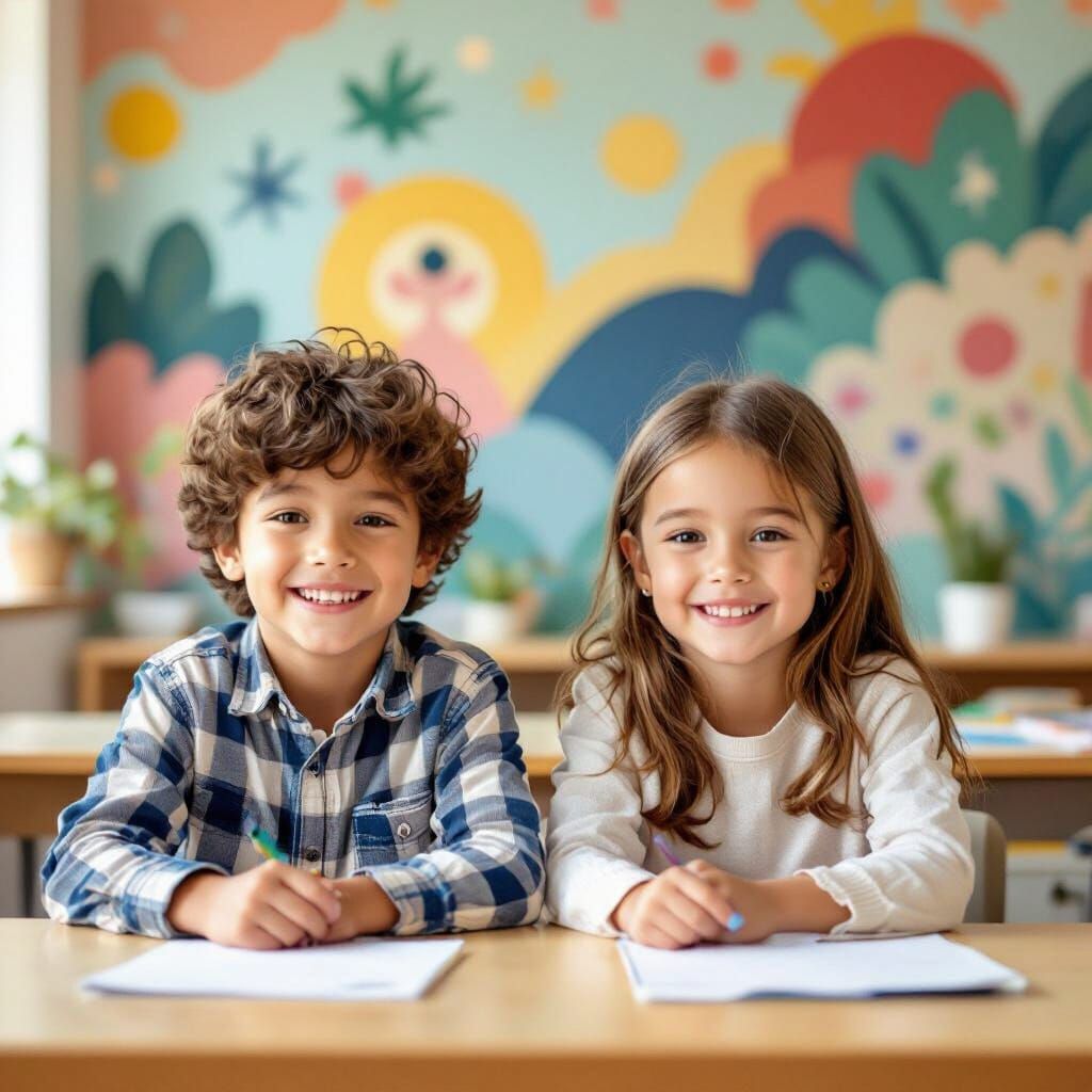 Smiling Children in Classroom with Mural Art