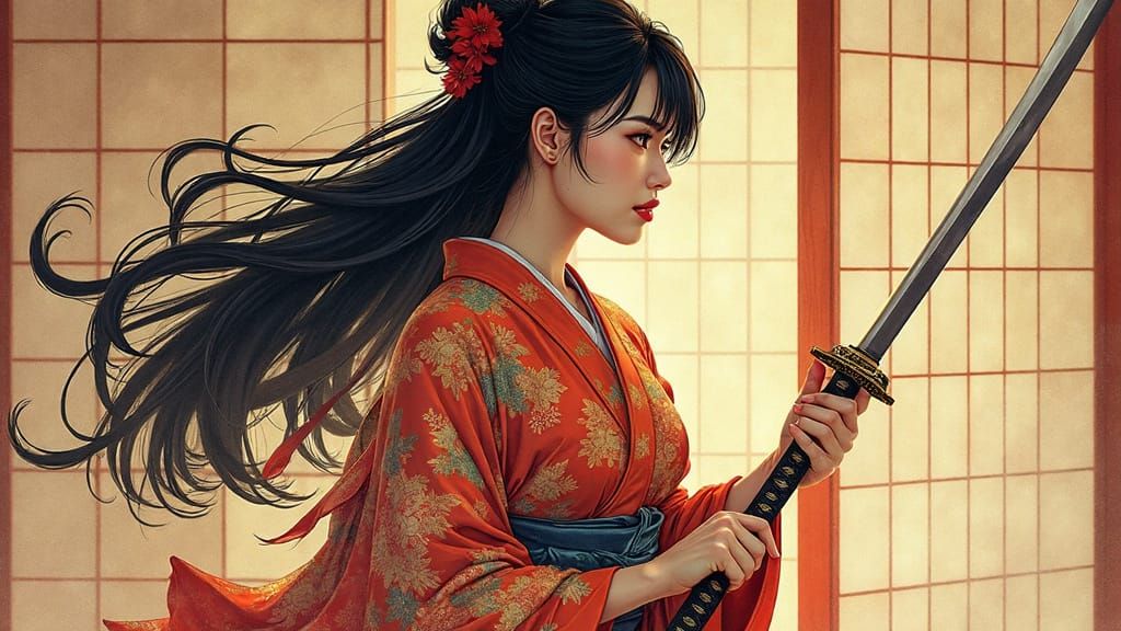 Stunning Asian Warrior Woman in Traditional Japanese Attire
