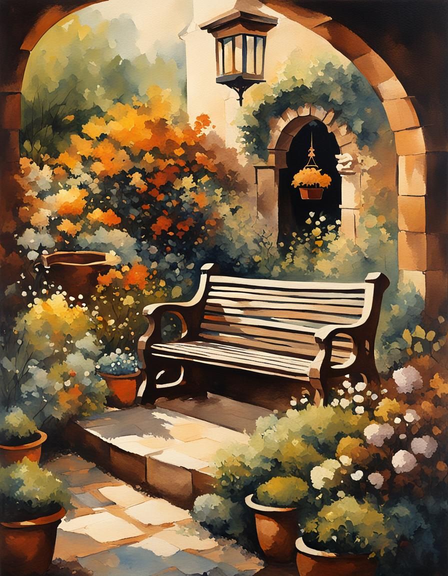 Garden Scene: Modern Acrylic Art with Occult Elements