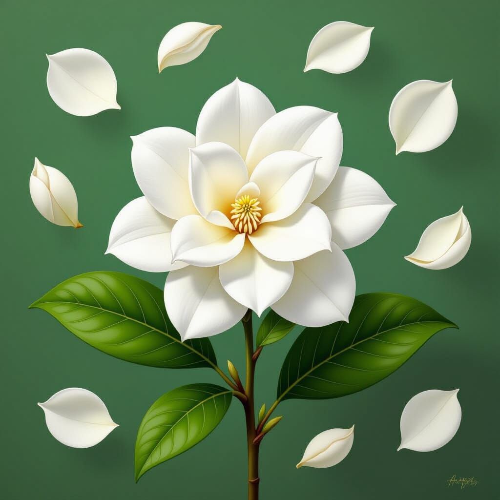 White Gardenia Botanical Art Illustration