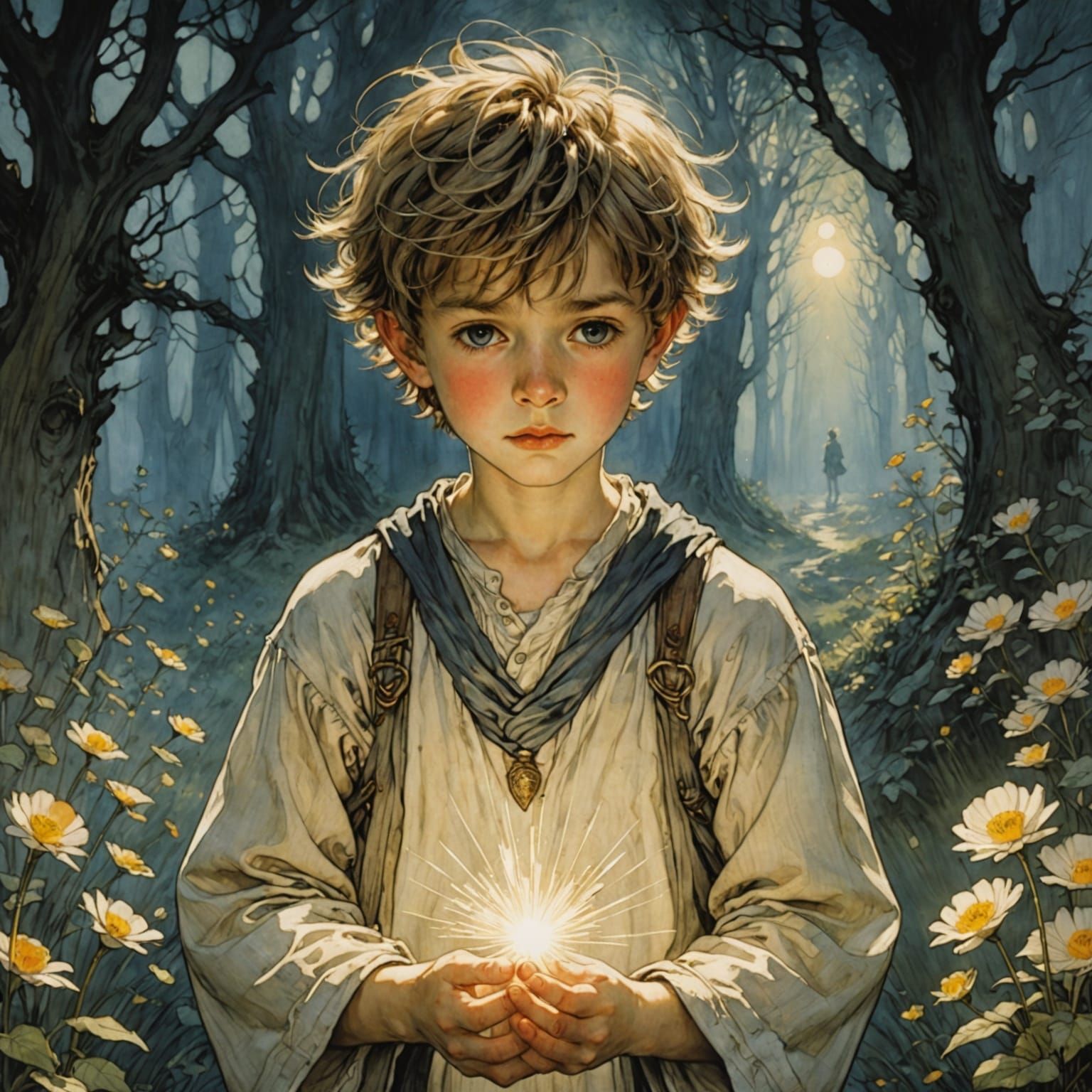 Radiant Boy Carries Enchanted Light in Whimsical Forest
