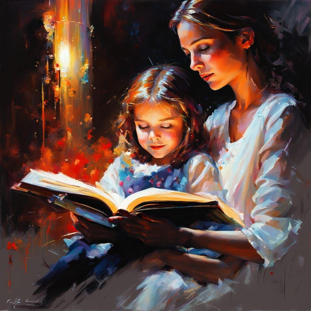 Mother and Child in Vibrant Blacklight Fantasy Portrait