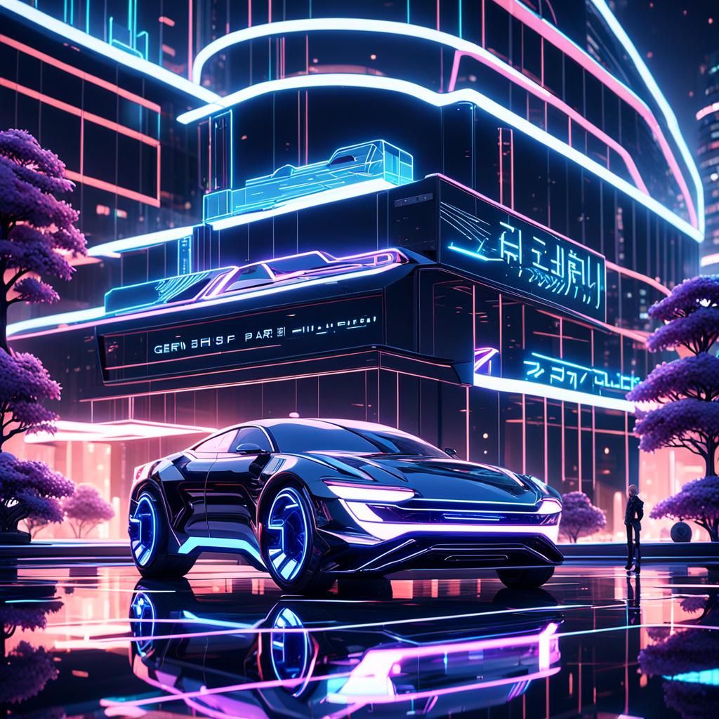 Futuristic Car Parked in Front of Library as Anime Art