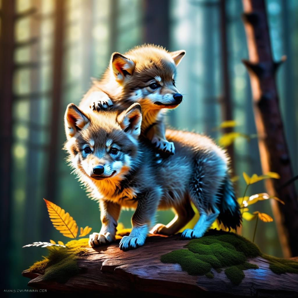 Baby Bird and Wolf Cub in Forest, Photorealistic Style