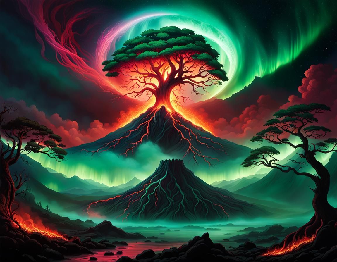 Ethereal Volcano with Aurora Lights in Painted Style