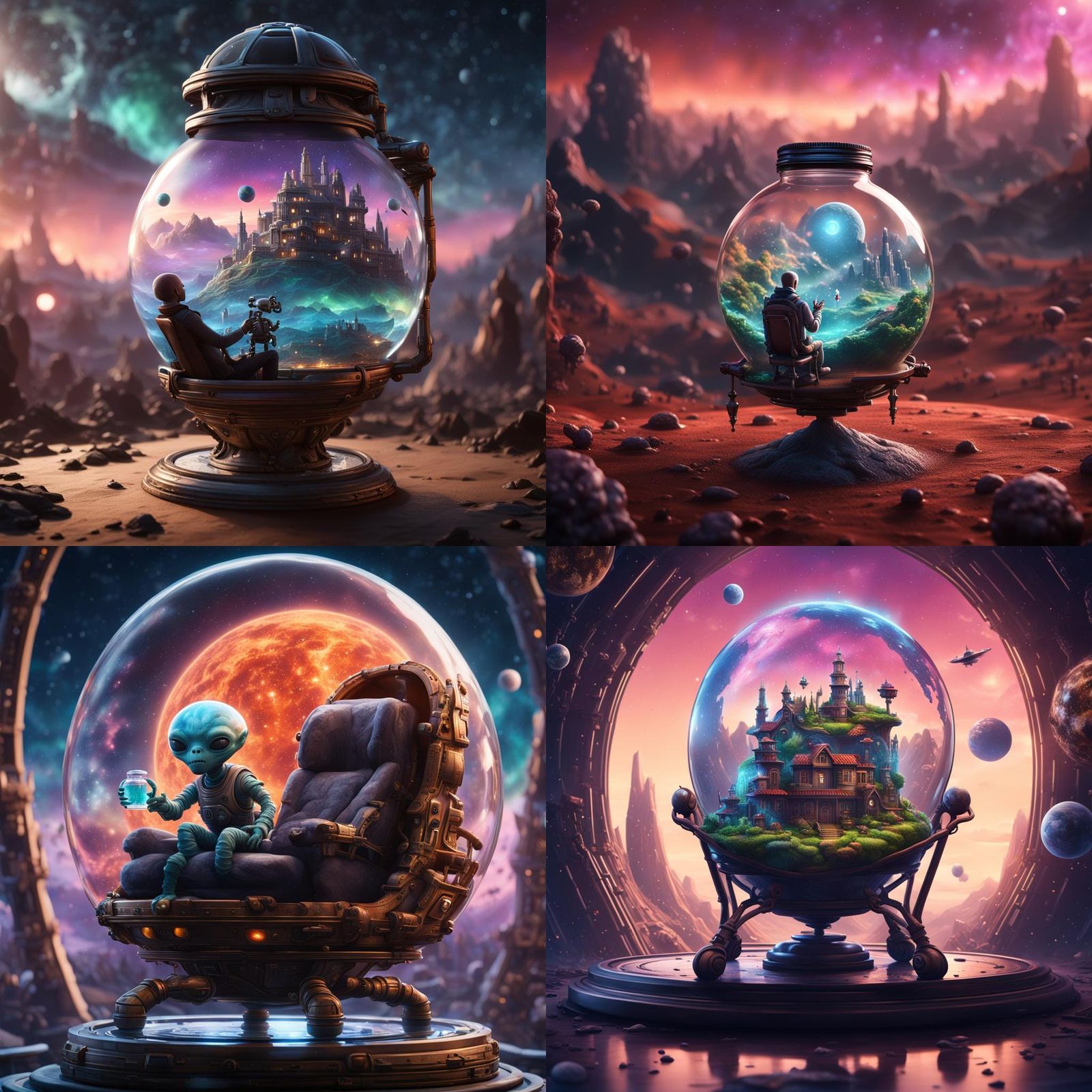 Alien Holding Tiny World in Bottle: Digital Art