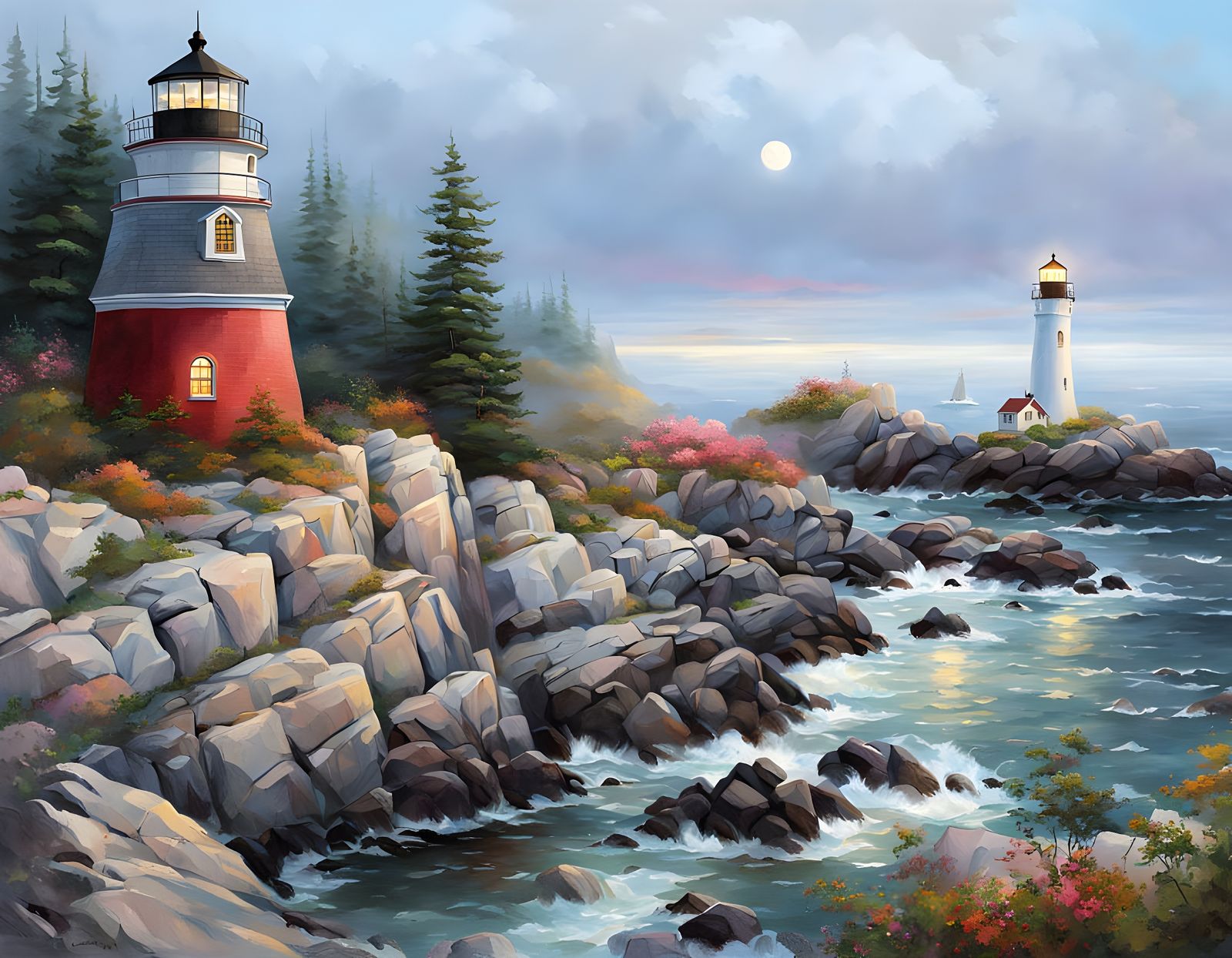 Coastal Lighthouse Scene in Whimsical Style