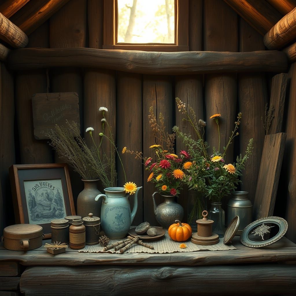 Vintage Still Life with Wildflowers in Forest Hut