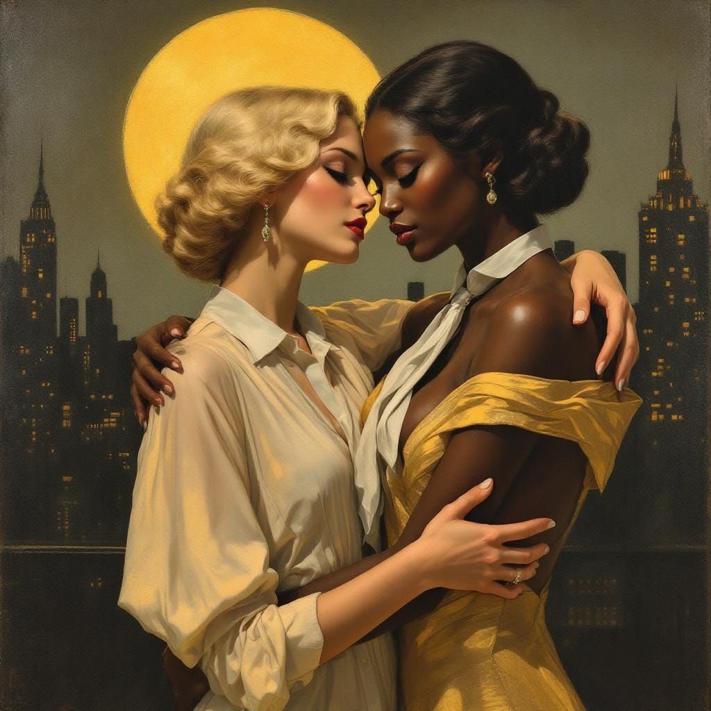 Elegant Women Embrace in Moonlit City, Art Brut Oil Painting