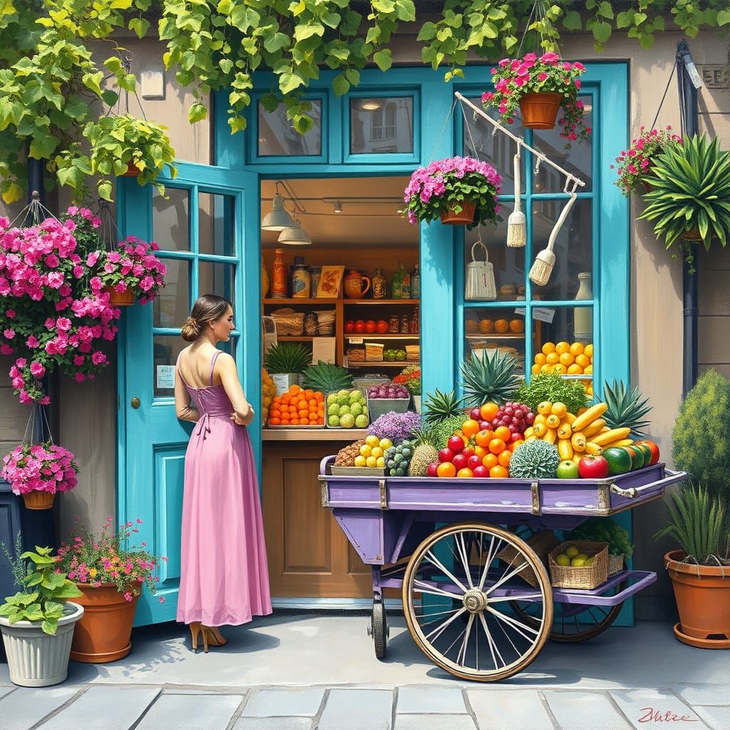 Paris Epicerie with Flowers and Produce, Impressionism