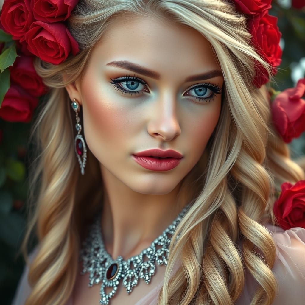 Goddess in Ethereal Beauty, with Ruby Gemstones and Red Rose...