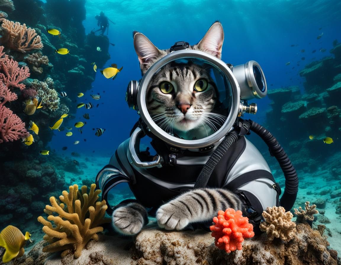 Gray Tabby Cat Diver Underwater with Shipwreck