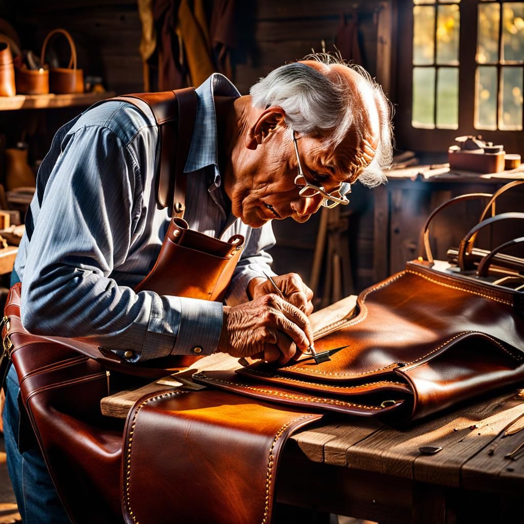 Elderly Artisan Stitching Leather Bag in Golden Light