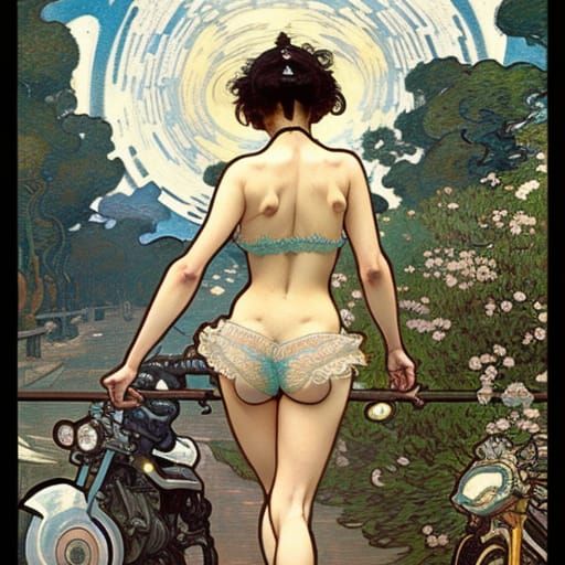 Full bodied image of hyper detailed escort bubbly esthetic naughty esthetic wearing intricate lace bikini and bouncing r...