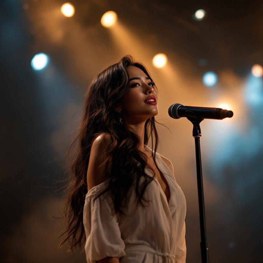 Young Woman Singing with Dramatic Stage Lighting