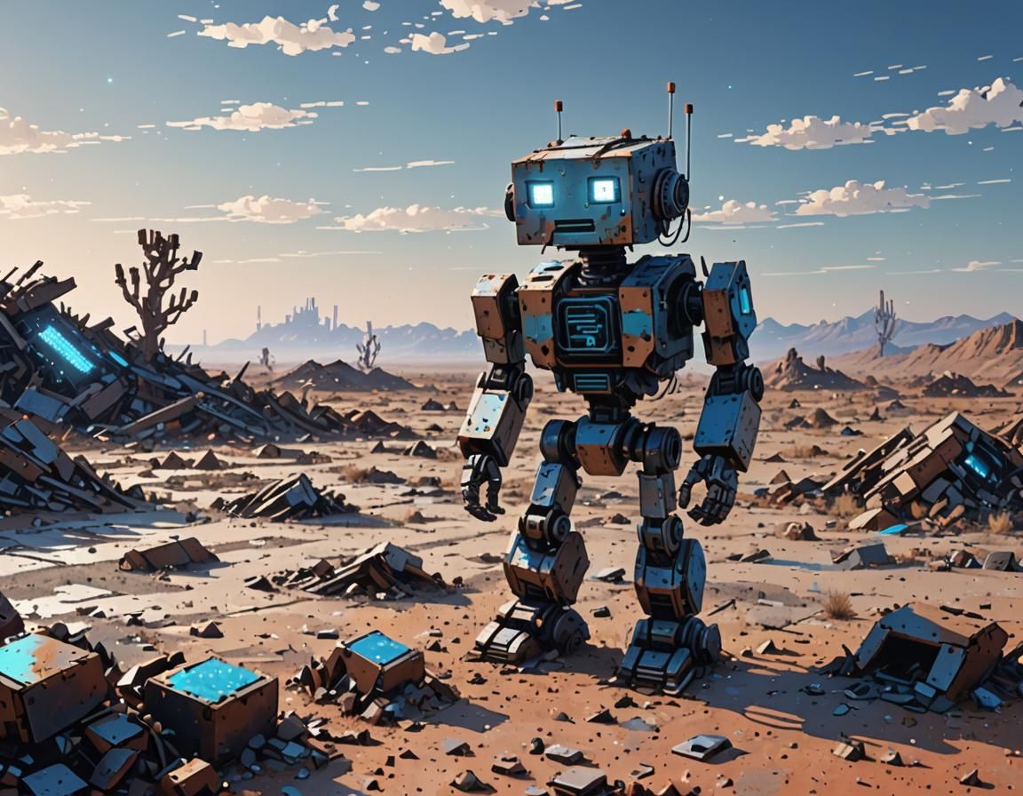 Pixel Robot Walks Barren Wasteland in 8-bit Style