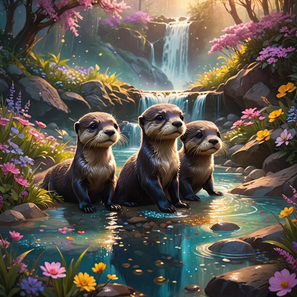 Enchanted River: Three Otters in a Surreal Forest