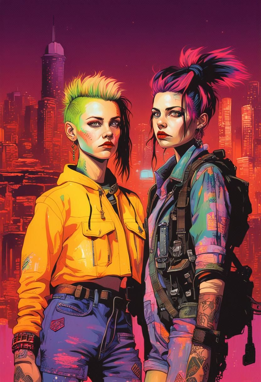 Punk Girls in Neon Cityscape, Post-Apocalyptic Style