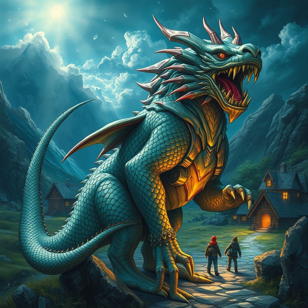 Majestic Scaled Creature Protecting Village: Fantasy Art
