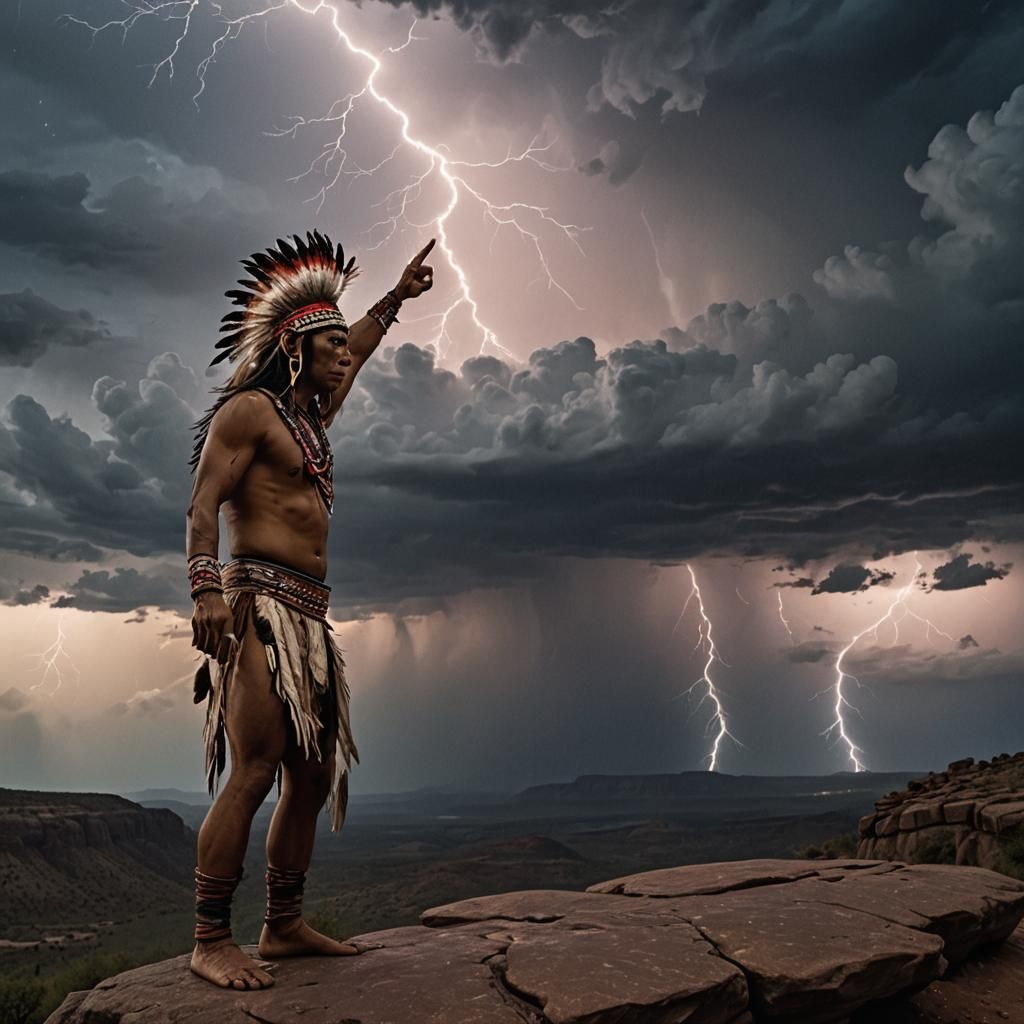 Native American Man in Stormy Night Oil Painting