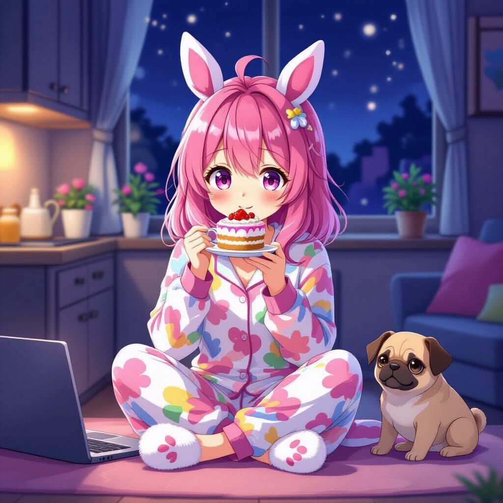 Anime Girl with Horse Ears Eating Cake in Studio Trigger Sty...