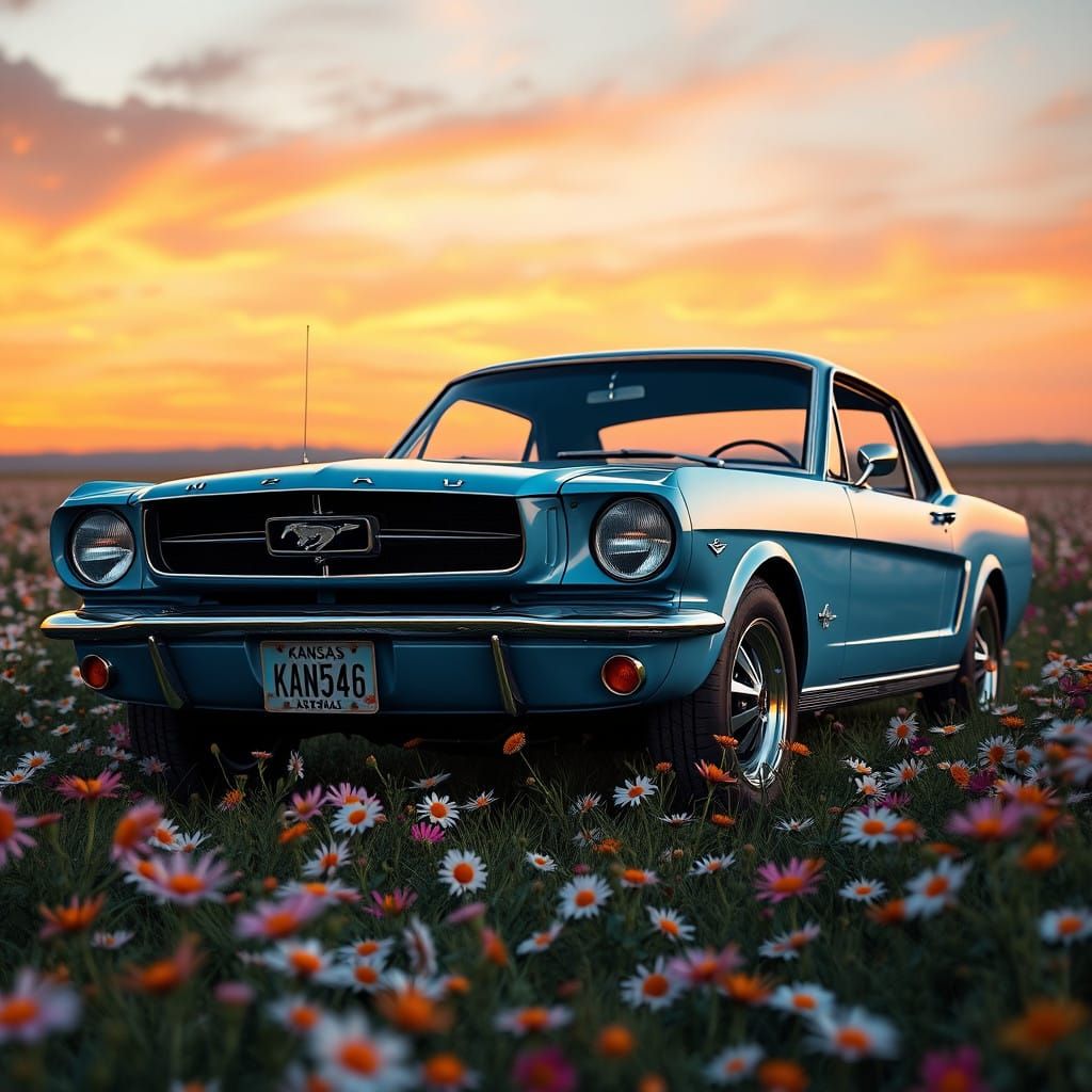 Sky Blue Mustang in a Field of Daisies at Sunset, in Fantasy...